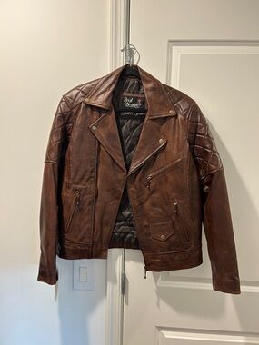 Real Leather Women's Brown Quilted-Shoulder Moto Jacket